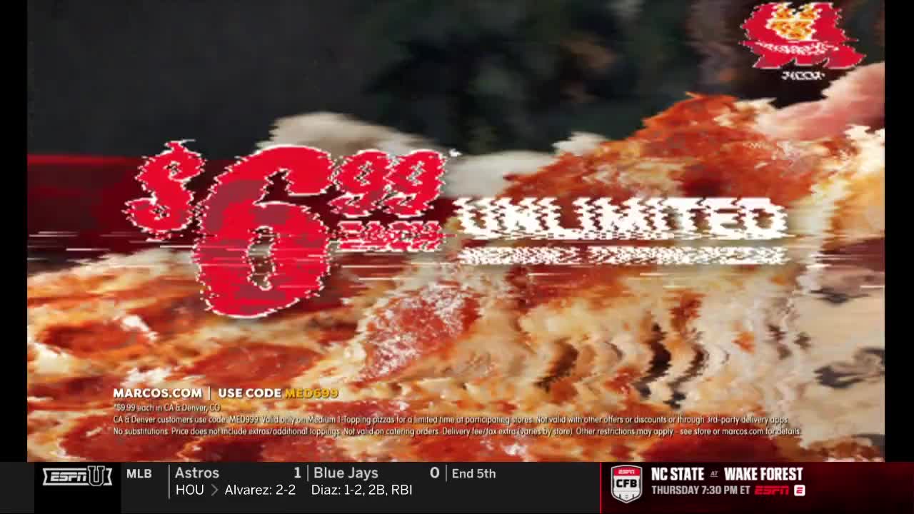 A pizza advertisement, distorted with digital effects, flashes across the screen. The ESPNU logo and a baseball score sit at the bottom, alongside a college football game preview.
