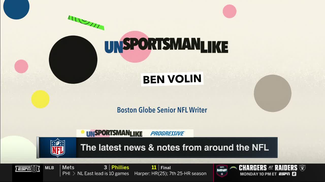 The ESPNU screen displays "Unsportsmanlike" with Ben Volin's name and title below, along with colorful shapes. A lower banner scrolls news and notes from around the NFL.
