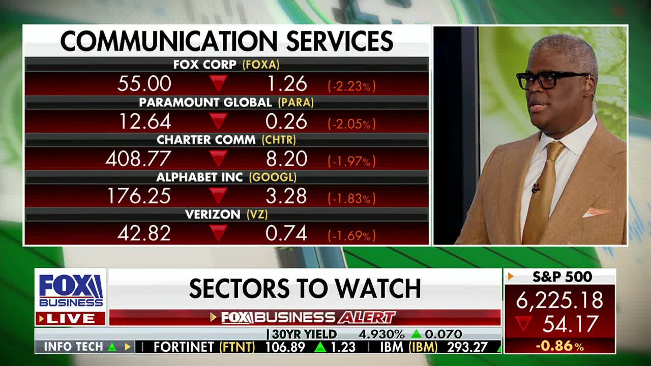 On Fox Business Network, a man in a tan suit is speaking, the stock market data behind him showing a sea of red arrows. The lower third displays "Sectors to Watch" and the S&P 500, down 0.86%.

