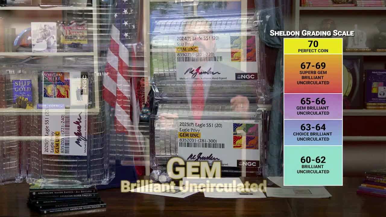 Stacked, clear plastic cases hold graded coins, with labels identifying them as "GEM UNC." A Sheldon Grading Scale graphic, likely from Fox Business Network, displays the grading system for the coins.
