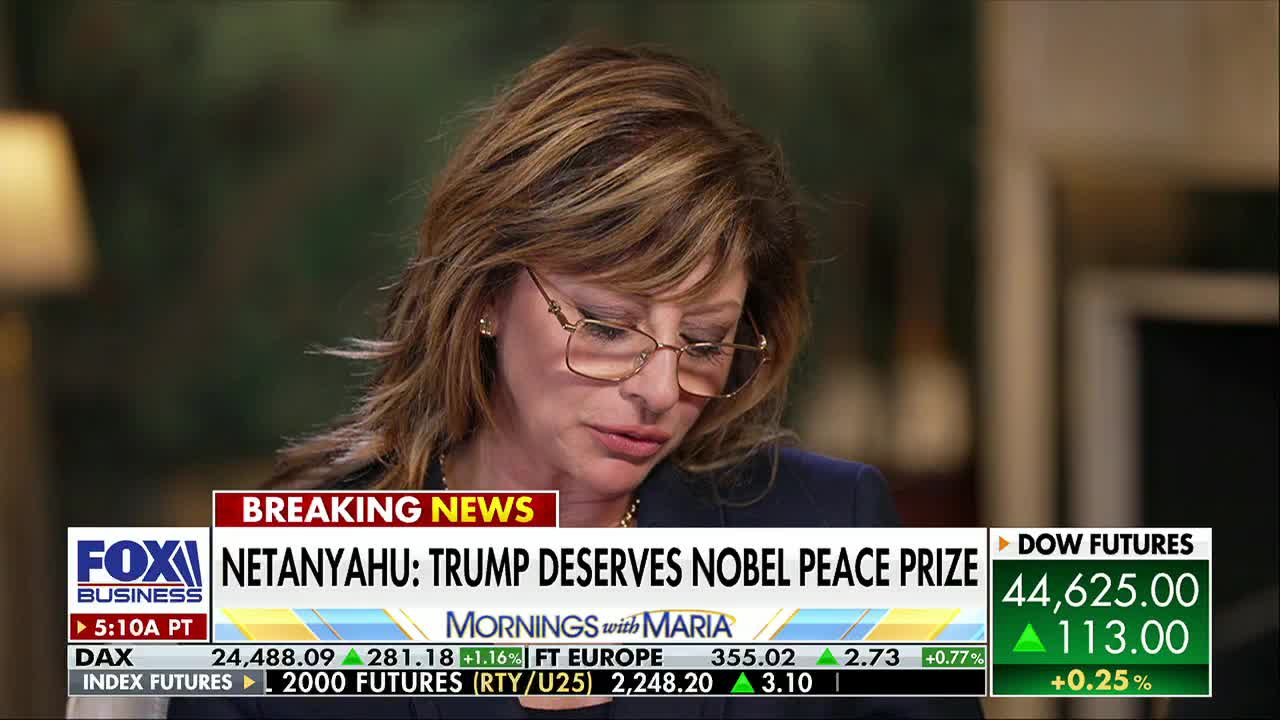 On Fox Business Network's "Mornings with Maria," the host looks down, reading. The chyron below flashes "Breaking News," with a headline about Netanyahu and Trump.
