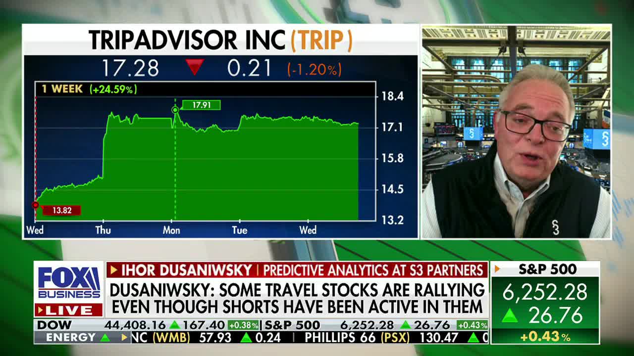 On Fox Business Network, a man in a black vest and glasses is speaking, with a stock chart of TripAdvisor behind him. The green line on the chart shows a significant rise over the past week.
