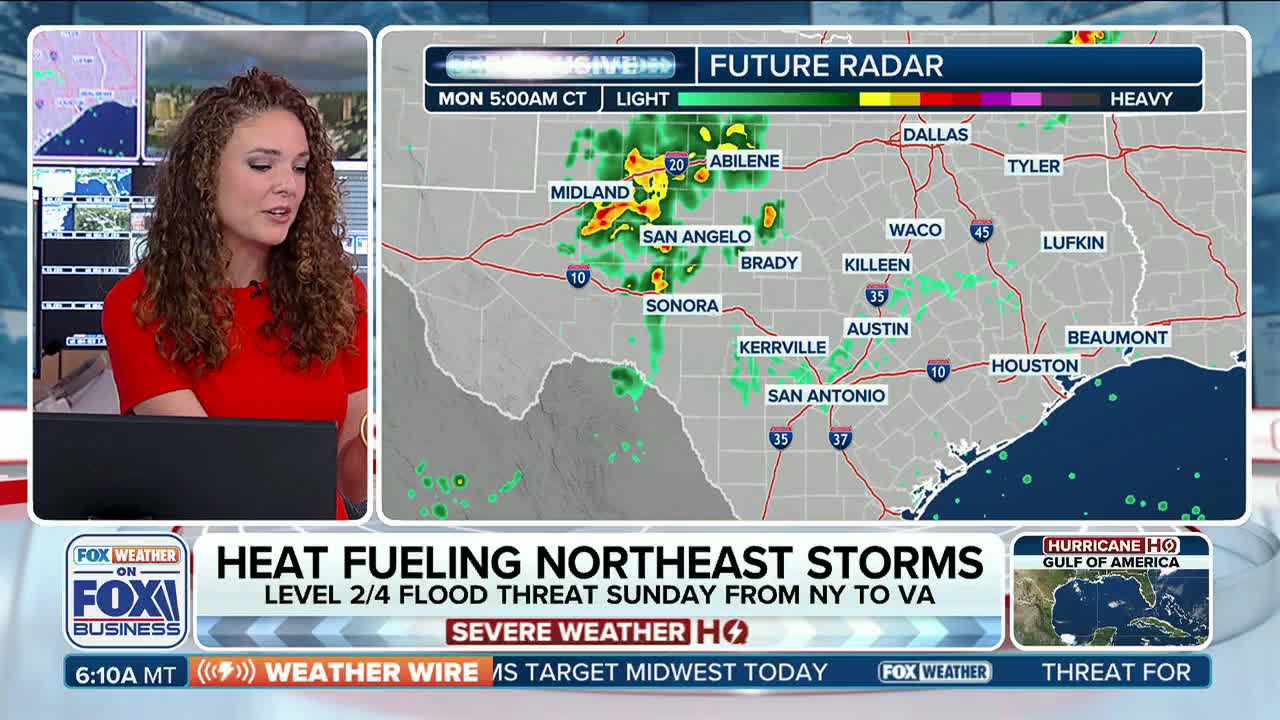 A weather reporter on Fox Business Network stands in front of a map of the United States, pointing to the future radar. The radar shows a cluster of green and yellow storm activity over Texas.
