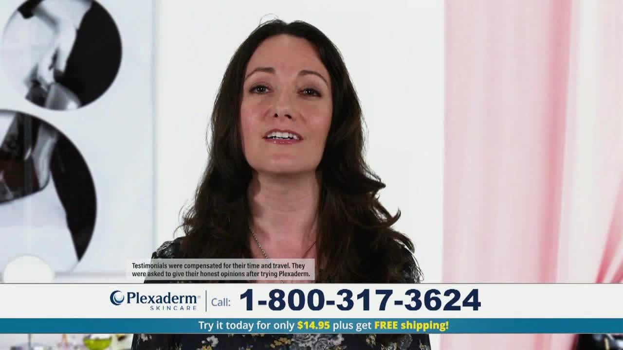 A woman with long, dark hair is speaking directly to the camera, likely on a Fox Business Network segment. Beneath her, a graphic advertises Plexaderm skincare and a phone number.
