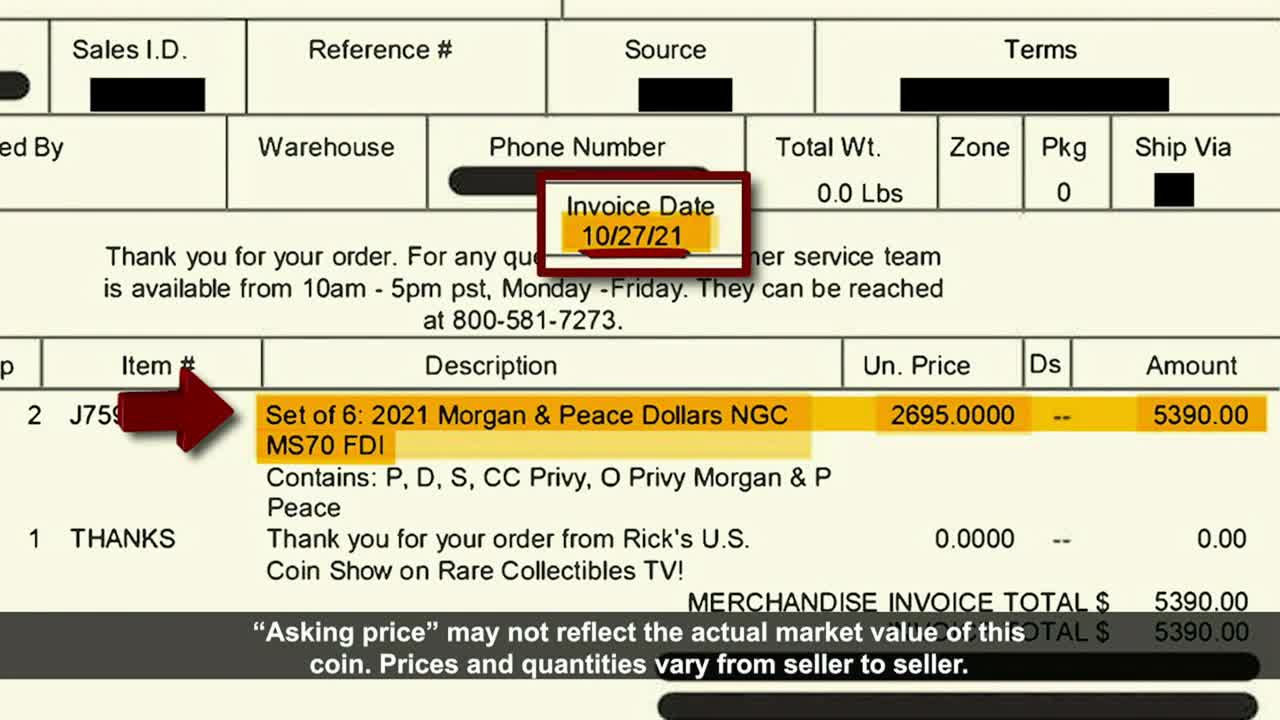 An invoice from October 2021 is highlighted, showing a purchase of six 2021 Morgan & Peace Dollars for over $5,000. The document, likely from a coin show, includes a disclaimer about market value.
