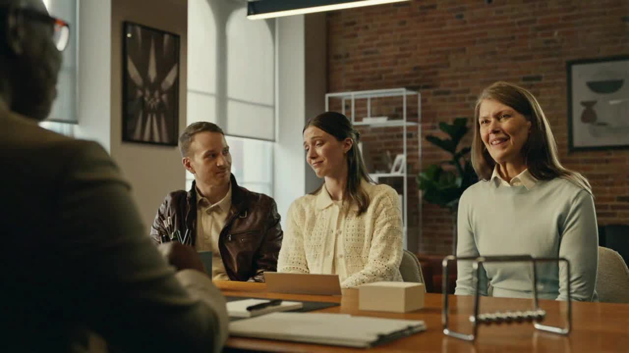 A man in a brown leather jacket sits next to a woman in a cream-colored sweater, both listening intently. Across the table, a woman in a light blue sweater smiles, while the person speaking is out of frame.
