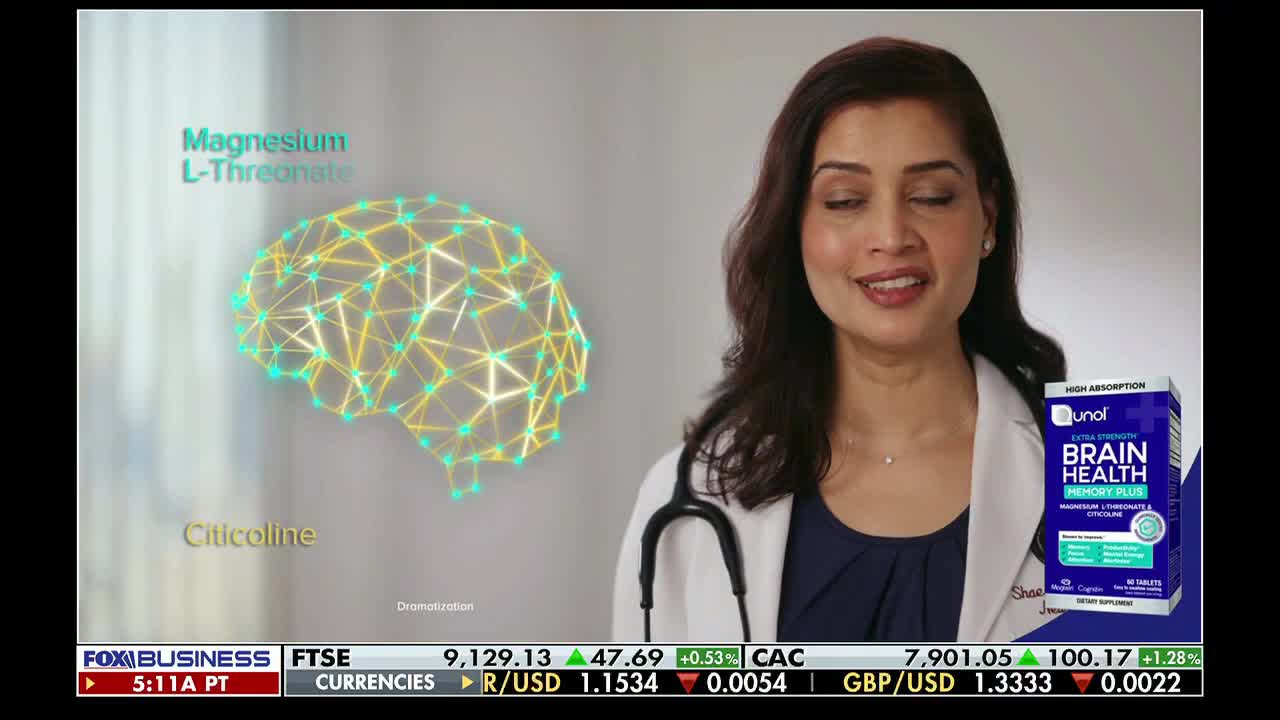 A woman in a white coat smiles, speaking directly to the camera on Fox Business Network. Beside her, a box of "Brain Health" supplements is displayed, and a graphic of a glowing brain floats in the background.
