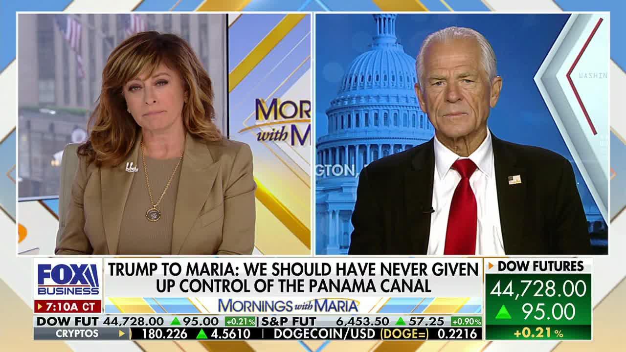 On Fox Business Network, Maria Bartiromo looks on as a man in a suit and red tie, with a backdrop of the U.S. Capitol, appears to be interviewed. The chyron reads "Trump to Maria: We Should Have Never Given Up Control of the Panama Canal."

