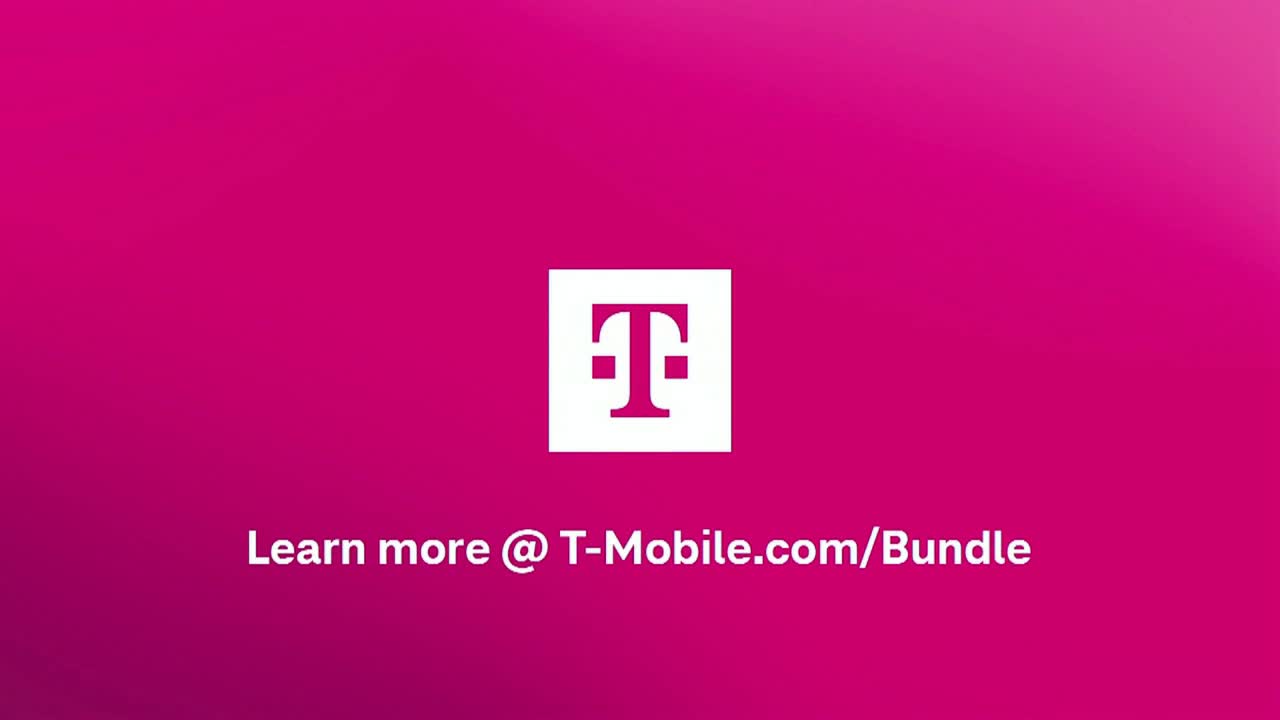 A white T-Mobile logo sits centered on a gradient pink background. Below, white text encourages viewers to visit a website for more information.
