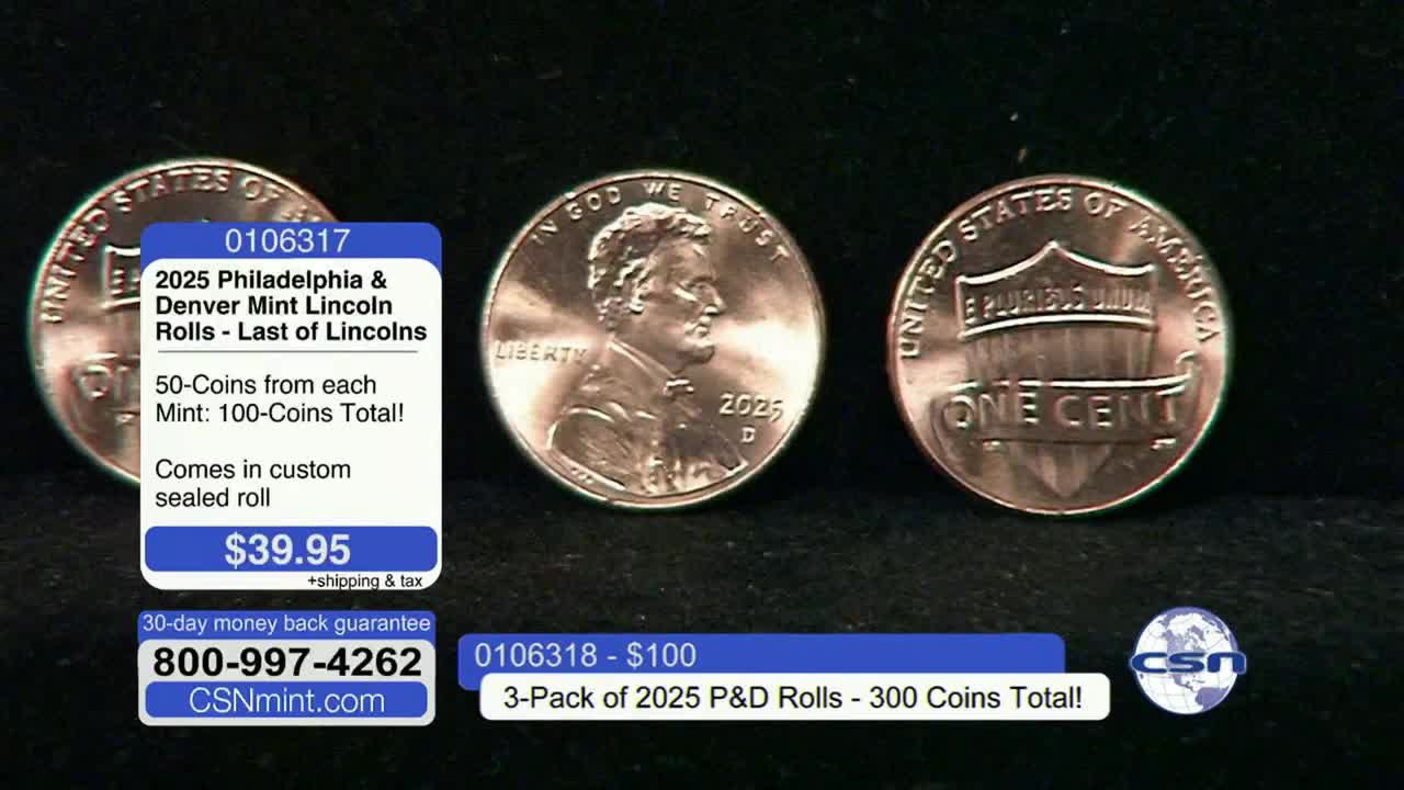 On Fox Business Network, three shiny pennies are displayed, each with the Lincoln portrait or the reverse side facing the camera. Text overlays advertise the sale of 2025 Philadelphia and Denver Mint Lincoln rolls.
