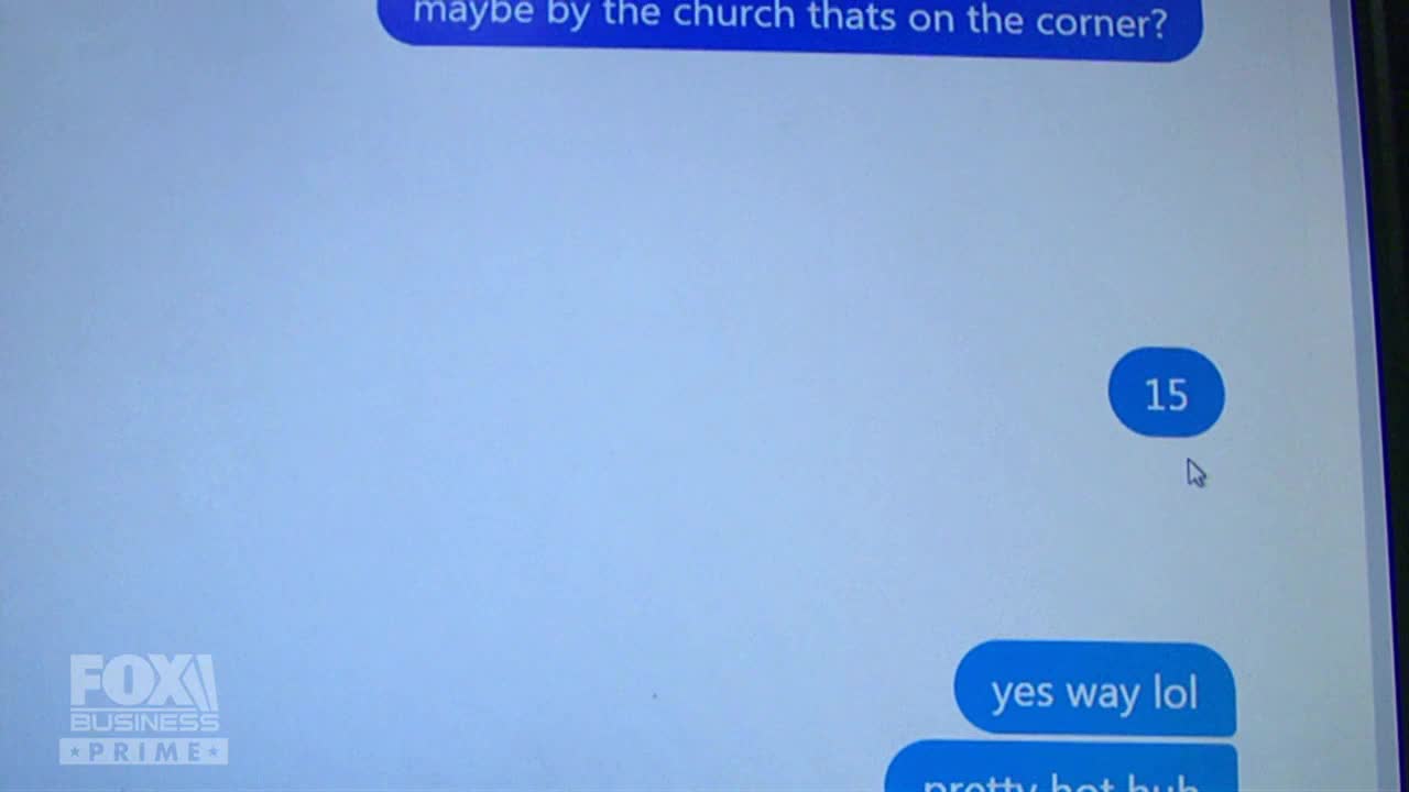 A text message conversation is displayed on a screen, with the Fox Business Network logo in the corner. A blue bubble with the number 15 sits in the middle of the screen, and a cursor hovers nearby.

