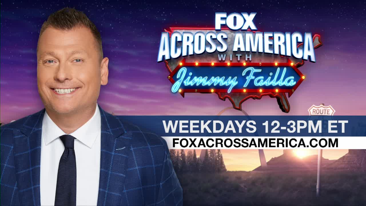 Jimmy Failla, smiling broadly, is positioned to the left of the Fox News Radio graphic. "Fox Across America" is advertised, with a Route 66 sign and a sunset scene in the background.
