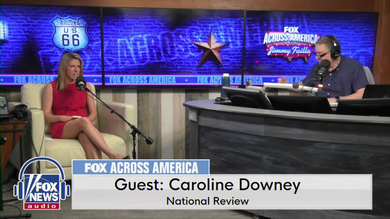 Caroline Downey from the National Review sits in a chair, speaking into a microphone on Fox News Radio. Across the desk, Jimmy Failla listens, wearing headphones and also speaking into a microphone.
