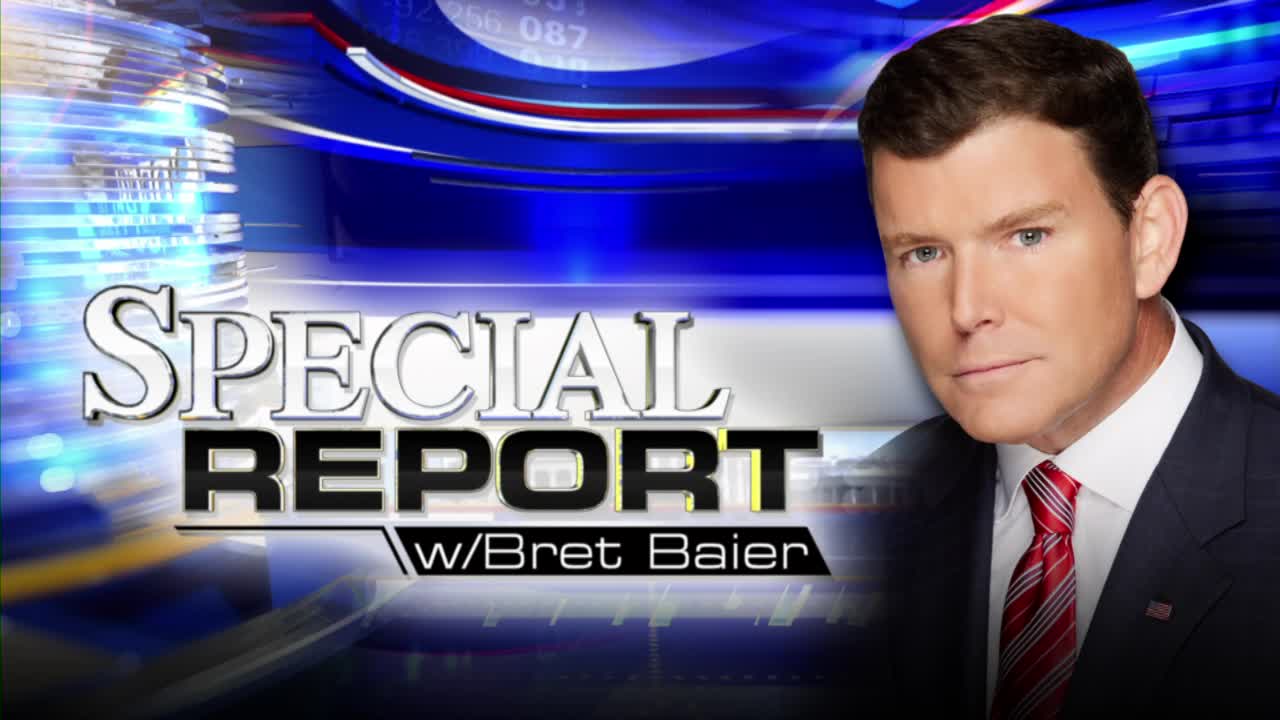 Bret Baier, in a dark suit and red tie, looks directly at the camera. The "Special Report" title card is prominently displayed against a blue and white background.
