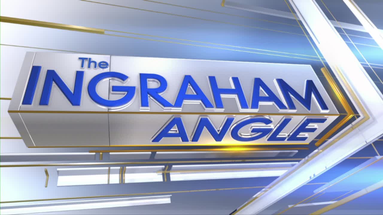 "The Ingraham Angle" logo, in bold blue letters, is centered against a metallic, angled background. It's the opening graphic for a show on Fox News Radio in the United States.
