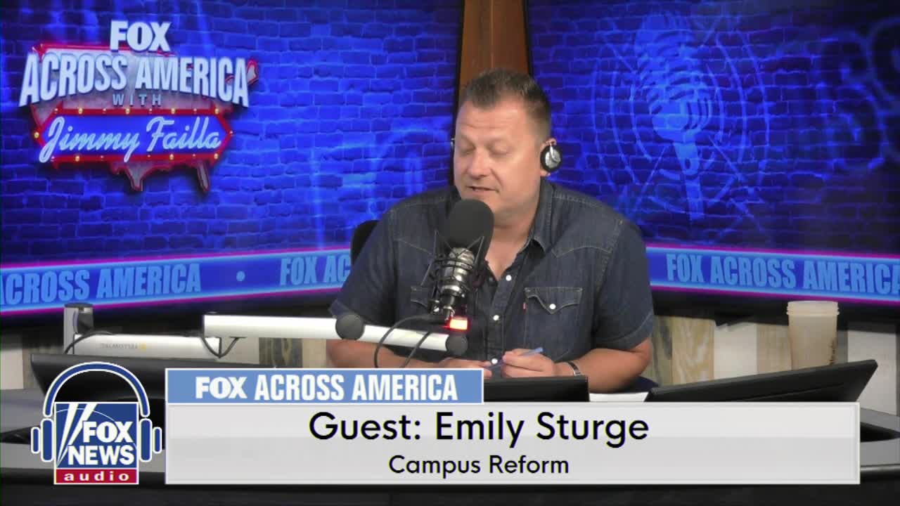 The host of "Fox Across America" is speaking into a microphone, his gaze fixed forward. A graphic identifies the guest as Emily Sturge, discussing campus reform on Fox News Radio.
