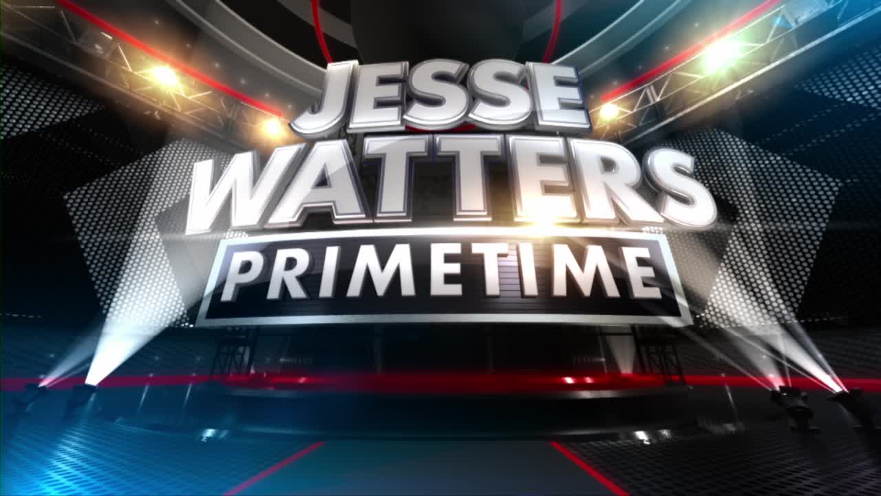 The "Jesse Watters Primetime" logo, lit by spotlights, dominates the screen. A background of geometric shapes and red lines gives the impression of a stage, ready for the Fox News Radio show.
