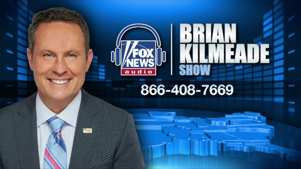 Brian Kilmeade, smiling, is in front of a blue background with the Fox News Radio logo and the show's name. A phone number is displayed, and a map of the United States is visible in the background.
