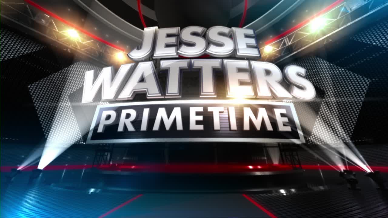 The "Jesse Watters Primetime" logo, lit by spotlights, takes center stage. The Fox News Radio show's name is emblazoned in bold, metallic lettering against a dark, geometric backdrop.
