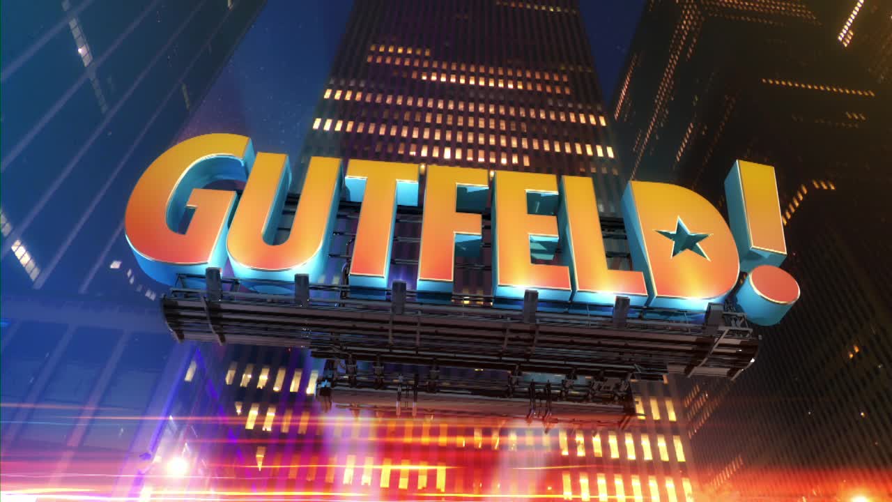 The "GUTFELD!" logo, a mix of orange and blue, floats against a backdrop of city skyscrapers. The show's title is front and center, with a star cut out of the "D" and a red exclamation point.
