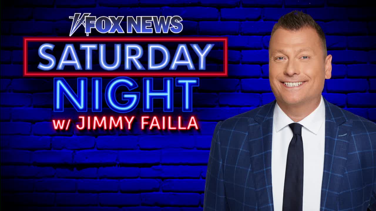 Jimmy Failla, smiling broadly, is positioned to the right of a Fox News graphic advertising "Saturday Night." The words glow in neon against a blue brick wall background.
