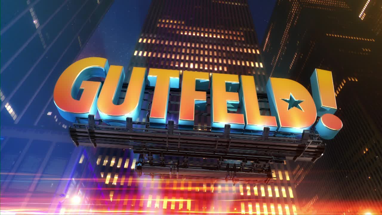 The "GUTFELD!" logo, in bright orange and blue, floats in front of a nighttime cityscape. The show's name is rendered in a bold, 3D style, with the exclamation point and star adding to the design.

