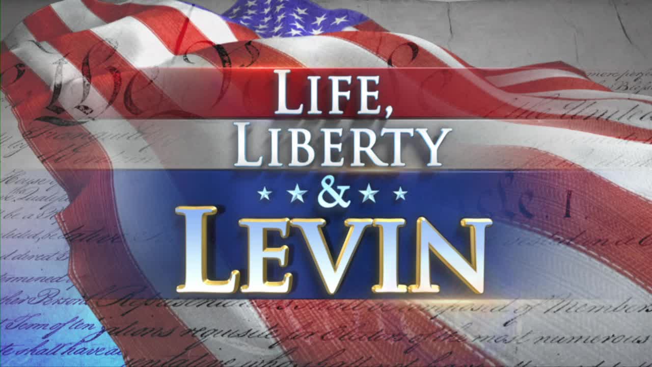 The American flag ripples over text that reads "LIFE, LIBERTY & LEVIN." This graphic likely introduces a program on Fox News Radio.
