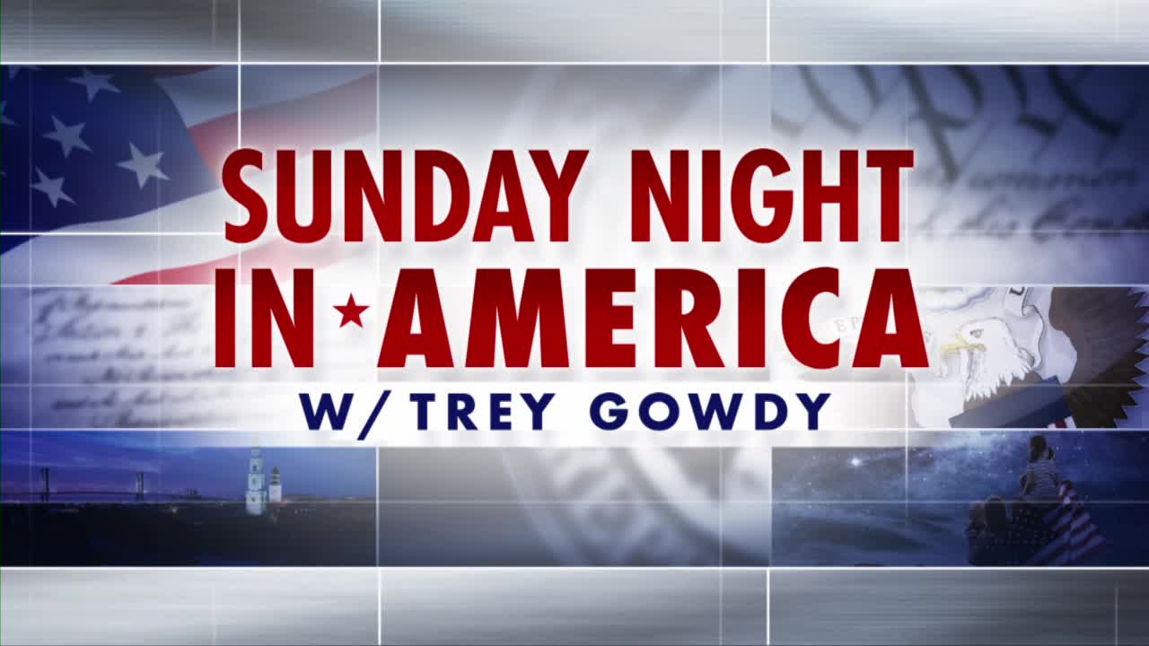The words "SUNDAY NIGHT IN AMERICA W/ TREY GOWDY" flash across the screen, overlaid on an American flag and an eagle. Below, smaller images show a lighthouse at dusk and a starry night sky.