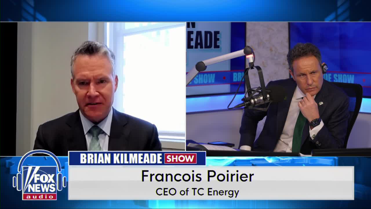 A man in a suit speaks from a screen, while another man in a suit sits at a desk with a microphone. The Fox News Radio logo appears at the bottom left.