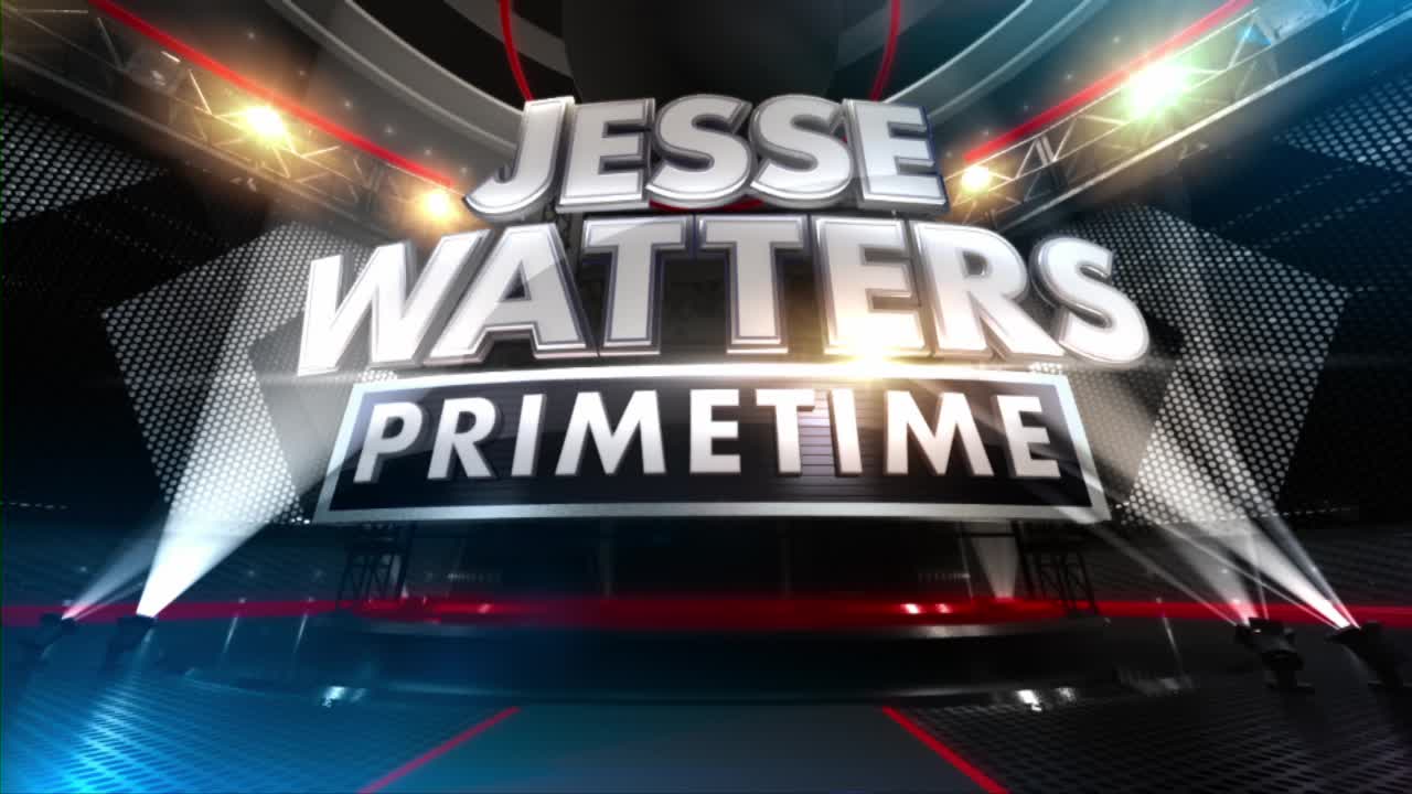 Bright spotlights illuminate the large, metallic letters spelling "JESSE WATTERS PRIMETIME." The backdrop features a textured grid pattern and red accents, suggesting a broadcast studio.