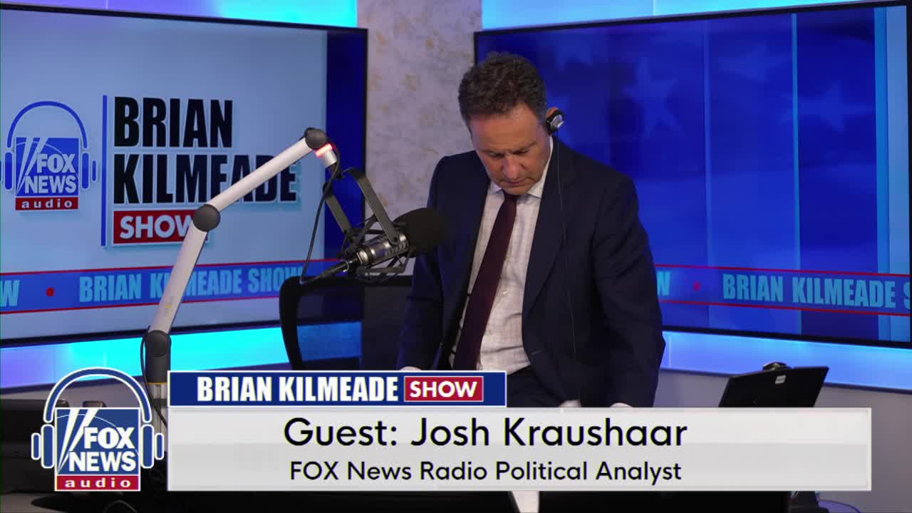 Josh Kraushaar, a political analyst for Fox News Radio, leans over a microphone in a studio. The "Brian Kilmeade Show" logo is visible on screens behind him.