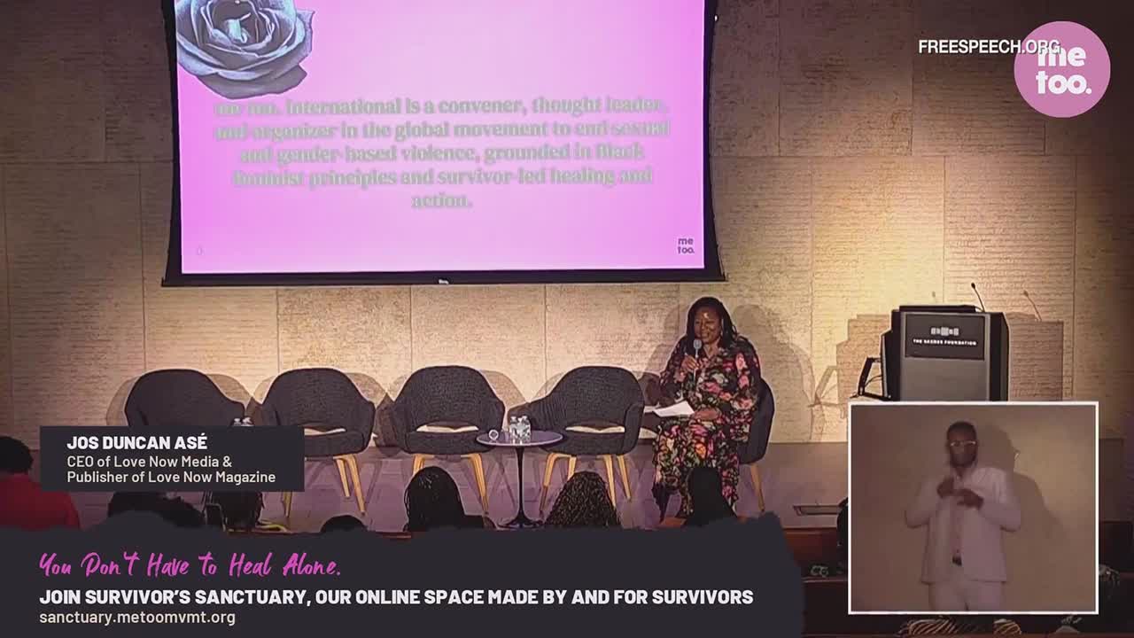 Jos Duncan Asé, CEO of Love Now Media, is speaking into a microphone, seated onstage. A sign language interpreter is visible in a smaller inset on the right, and the "me too." logo is in the upper right corner, with Free Speech TV's logo above it.
