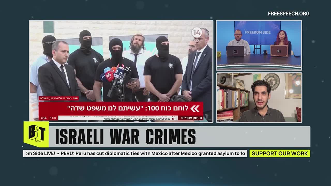 A news broadcast on Free Speech TV displays a group of men, some in black masks, standing behind a man in a suit. Below the main image, the words "Israeli War Crimes" are prominently displayed.
