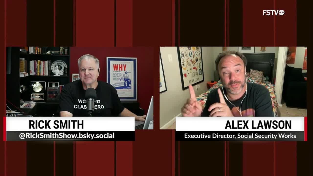 On Free Speech TV, two men are on screen, each in their own frame. Alex Lawson, the Executive Director of Social Security Works, gestures with his index finger while speaking.
