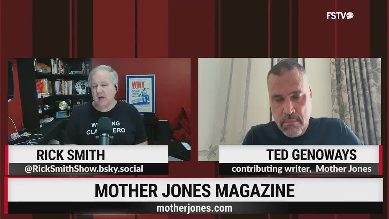 Rick Smith, wearing a black t-shirt, speaks into a microphone on the left side of the screen. Ted Genoways, a contributing writer for Mother Jones, looks down on the right.
