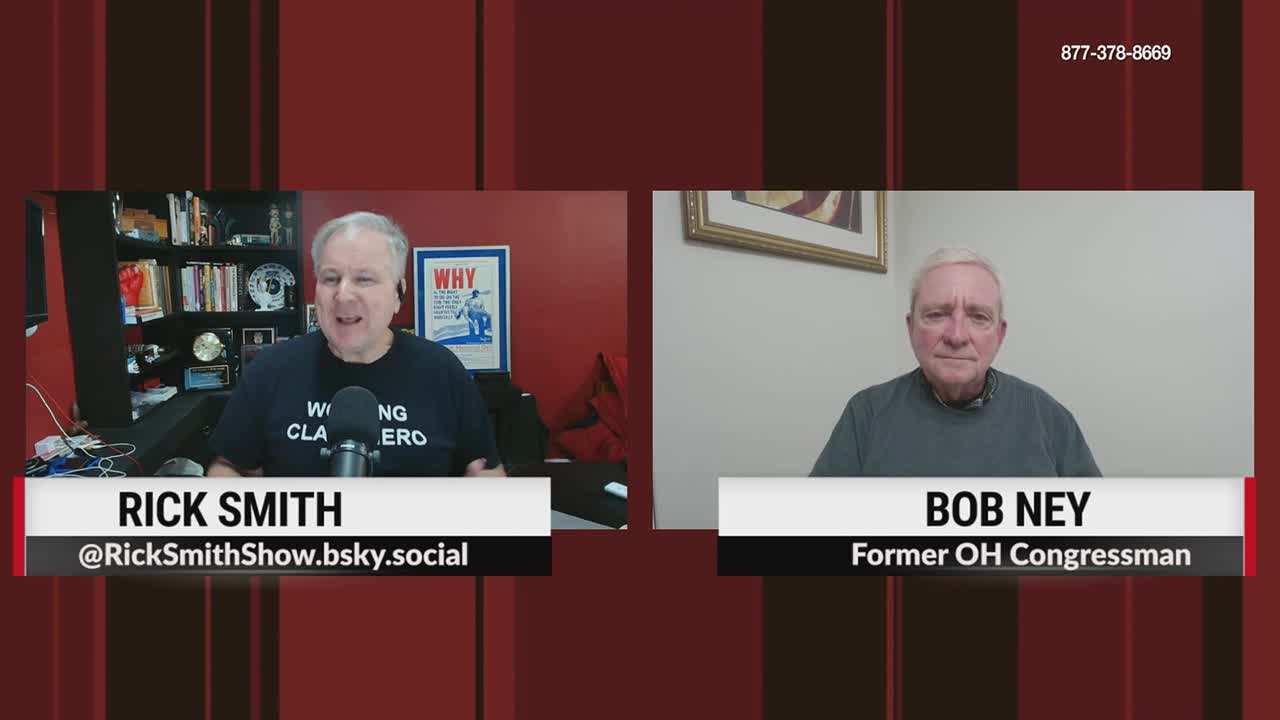 Rick Smith, wearing a black t-shirt, speaks animatedly from his studio. Bob Ney, a former Ohio Congressman, appears on screen from a different location.