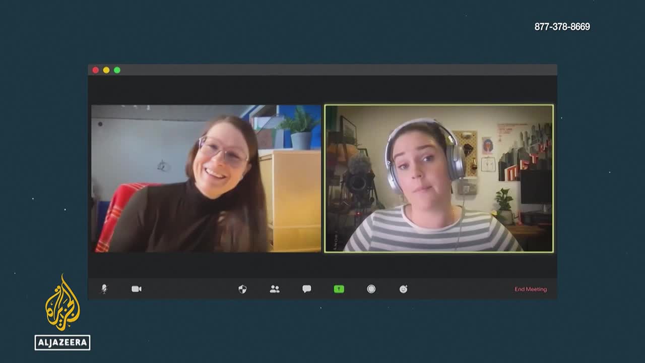 Two women appear on a split screen, one with glasses and a black turtleneck, the other wearing headphones and a striped shirt. The Al Jazeera logo is visible in the bottom left corner.