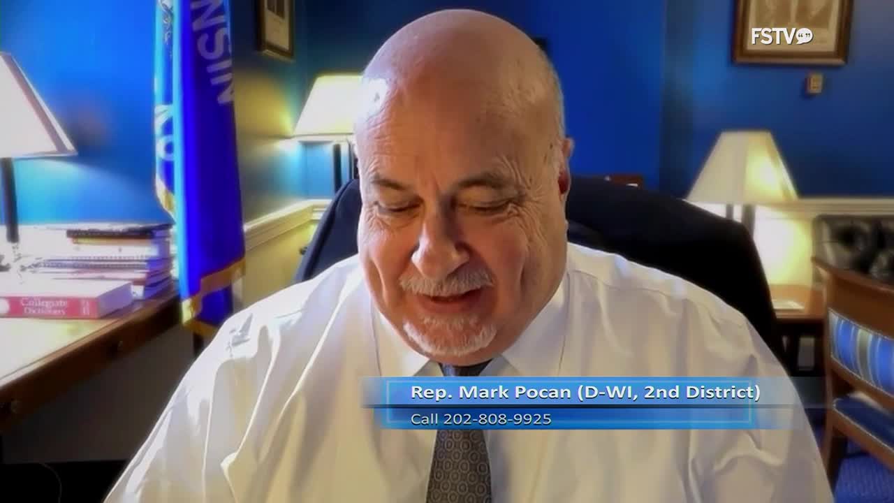 Congressman Mark Pocan, representing Wisconsin's 2nd District, speaks on Free Speech TV. A phone number for his office appears on screen.