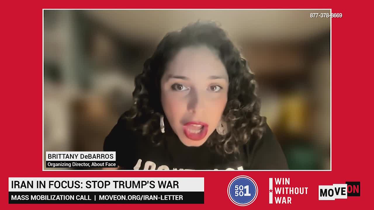A woman with curly hair speaks directly to the camera, her mouth open. Text on the screen announces "IRAN IN FOCUS: STOP TRUMP'S WAR."