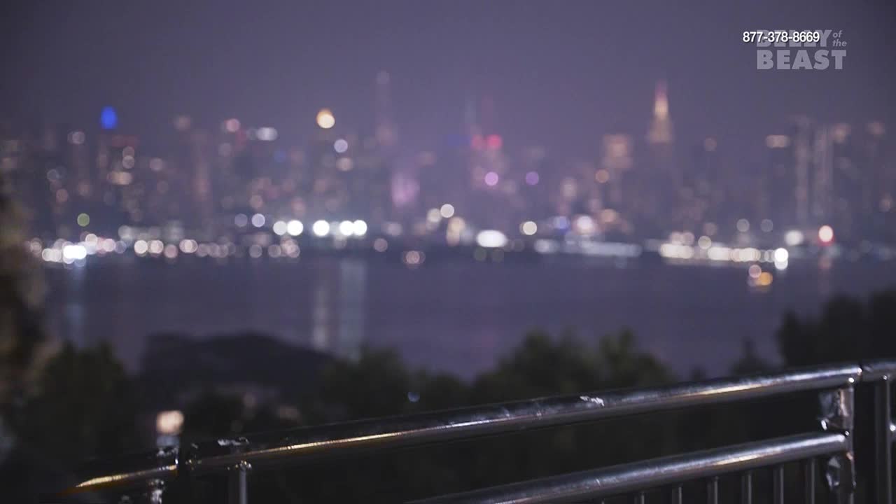 The New York City skyline glows across the water. Lights twinkle on distant buildings, a familiar sight from this side of the Hudson.