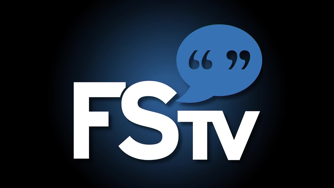 The large white letters "FSTV" stand out against a dark background. A blue speech bubble with quotation marks floats above the letters.