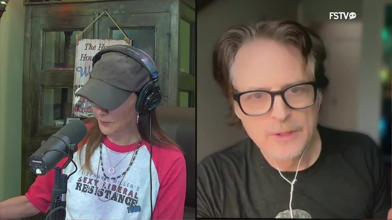 A woman in a baseball cap and headphones leans into a microphone, her shirt reading "Stephanie Miller's Sexy Liberal Resistance." Across from her, a man with glasses speaks into his own earpiece, his face filling the right side of the screen.