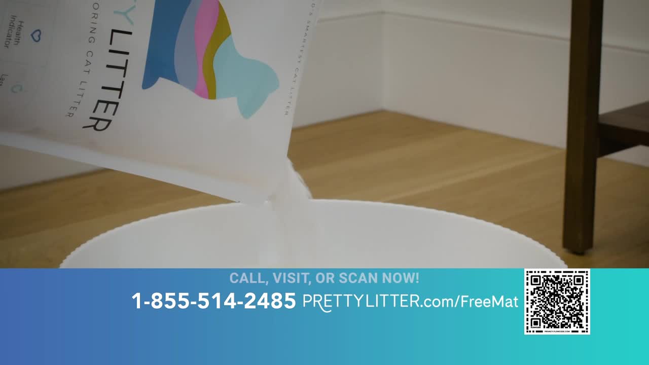 A bag of Pretty Litter is being tipped, and a stream of white granules pours into a large, white bowl. The ad's phone number and website are displayed at the bottom of the screen.
