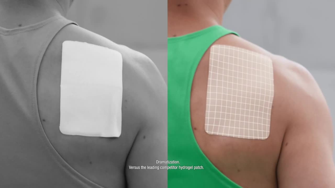 The image shows a split screen with a man's back and shoulder. On one side, a white patch is applied; on the other, a similar patch is overlaid with a grid.
