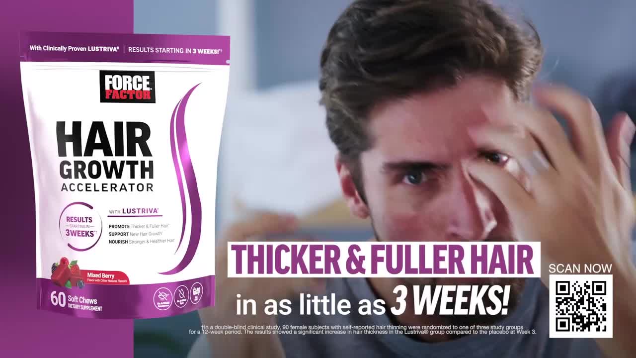 A man's hand is touching his forehead, as if checking his hairline. A bag of hair growth supplements sits to the left, advertising results in three weeks.
