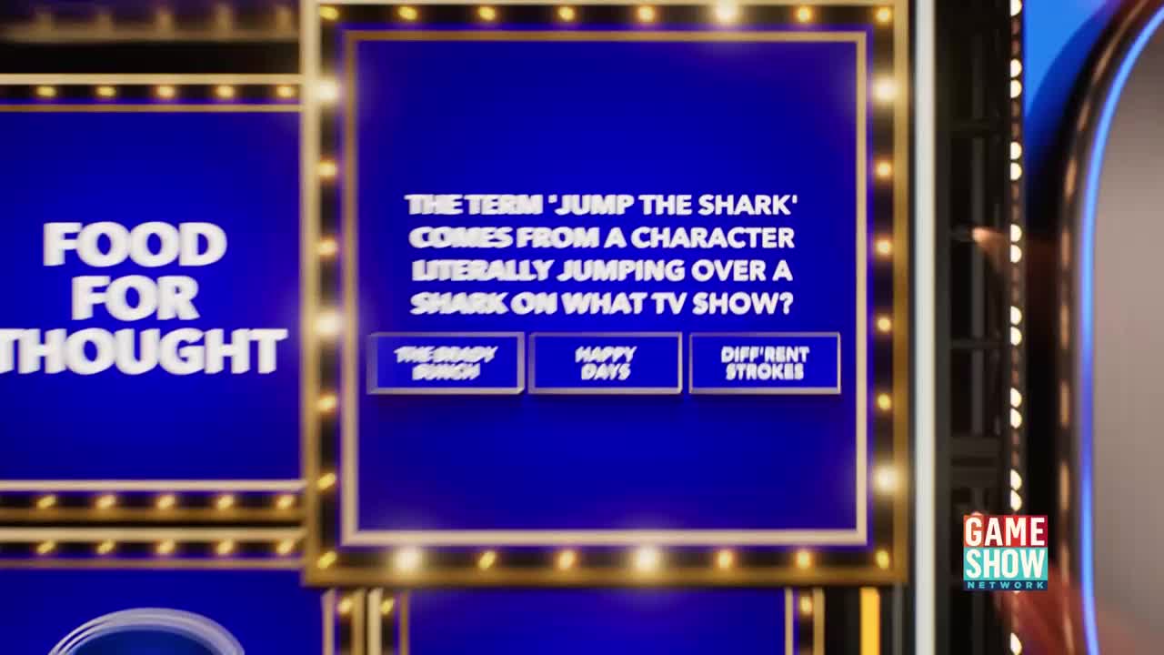 The question "Food for Thought" is displayed on a blue screen, with three possible answers below. The Game Show Network logo is visible in the lower right corner.
