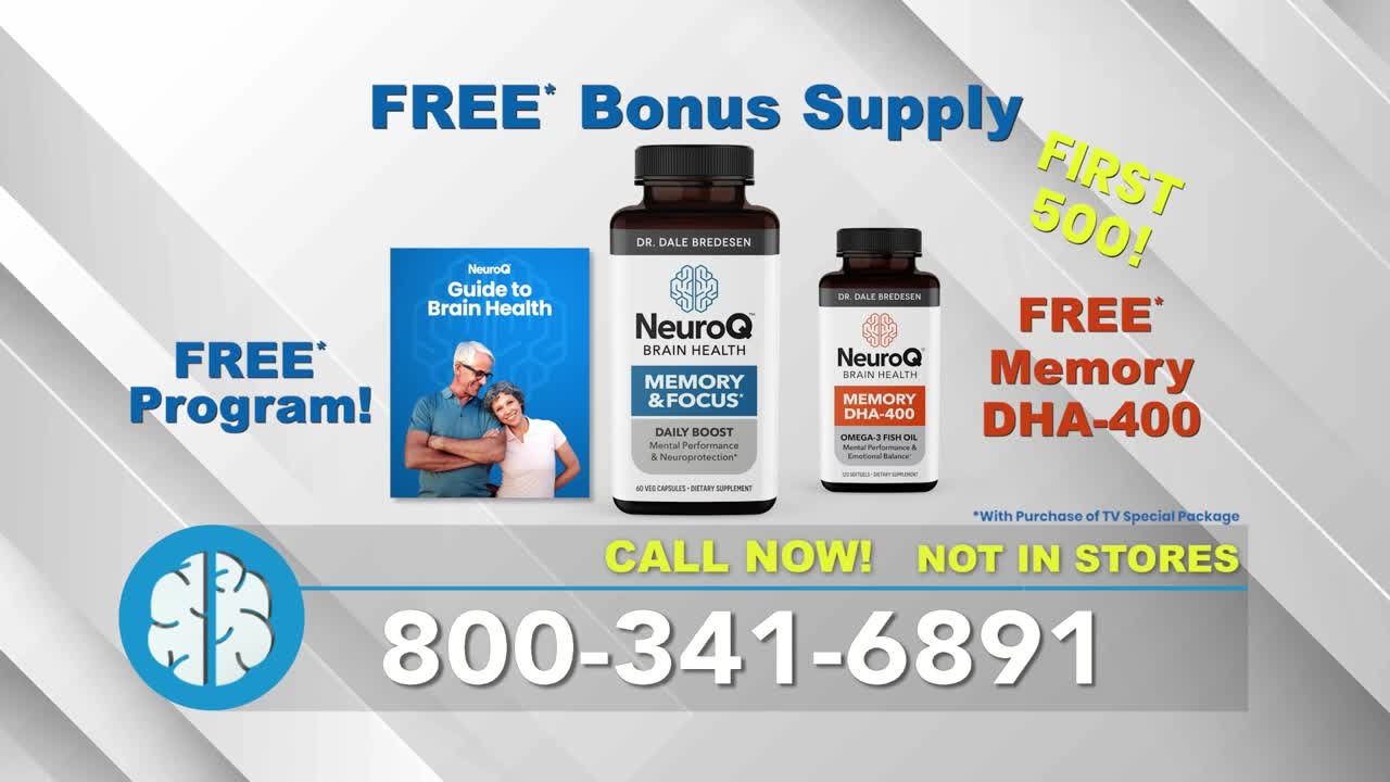 A product advertisement for "NeuroQ" brain health supplements is displayed, with bottles of pills, a book, and a phone number to call. The words "FREE" and "CALL NOW!" are prominent, along with a promise of a bonus supply.
