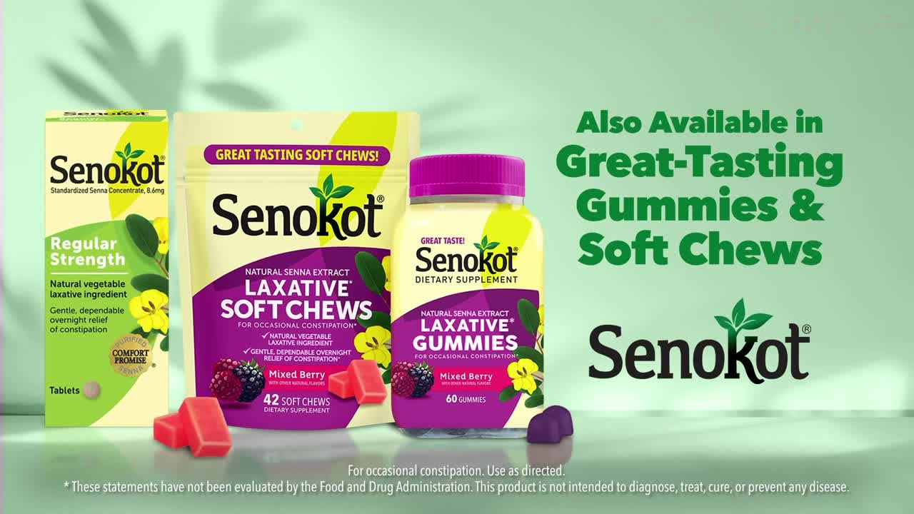 A display of Senokot products sits on a light green surface, with boxes, pouches, and a bottle of gummies. Scattered around are a few gummy candies, and the words "Great-Tasting" are prominently featured.
