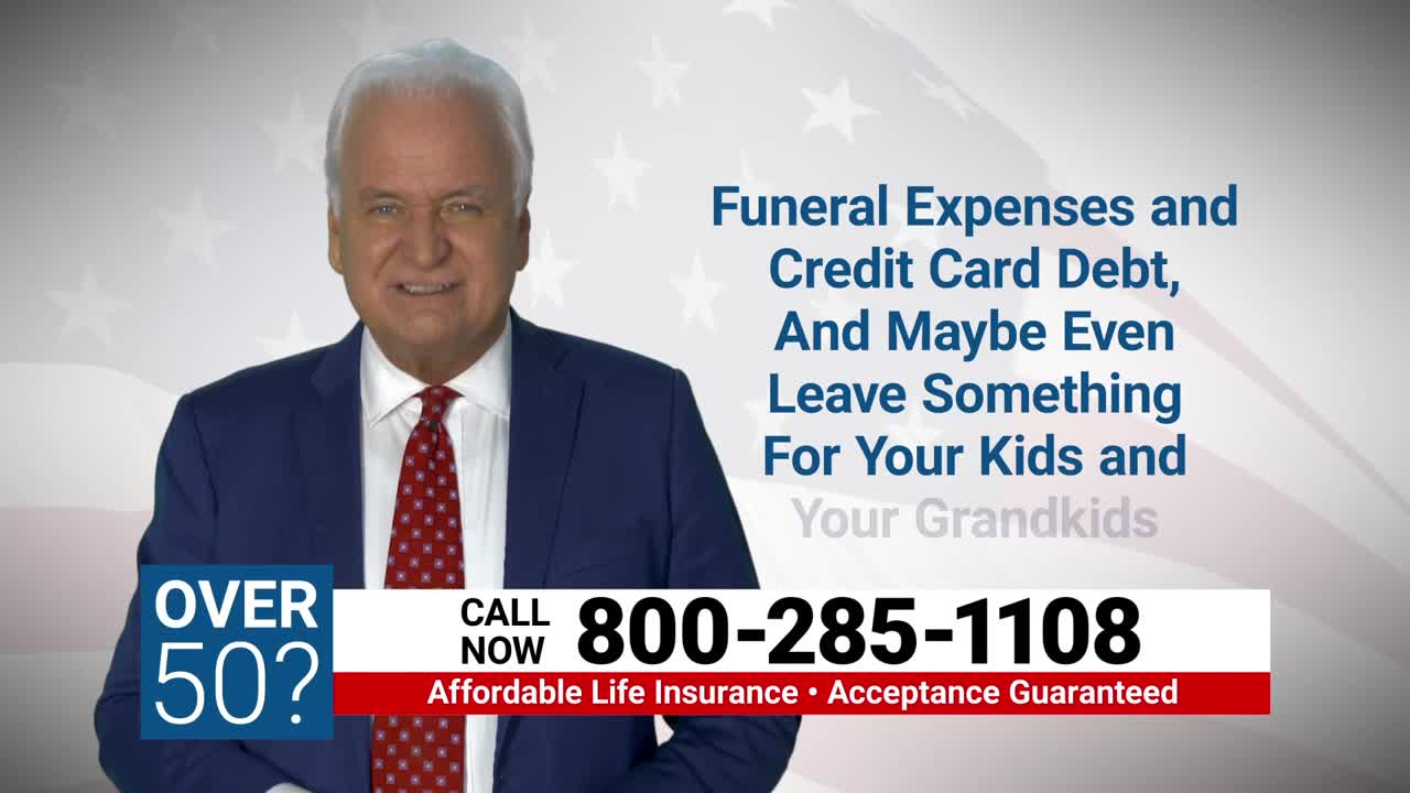 A man in a suit smiles directly at the camera, with text about life insurance appearing beside him. Below, a phone number is displayed in a red and white box, advertising affordable life insurance.
