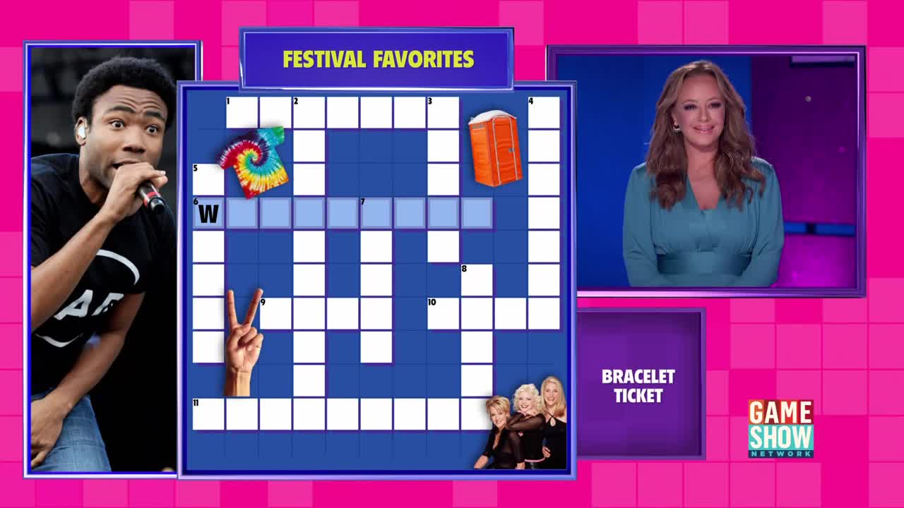 On the Game Show Network, a crossword puzzle labeled "Festival Favorites" sits center stage. The host smiles from a screen on the right, while a photo of a performer with a microphone is on the left.
